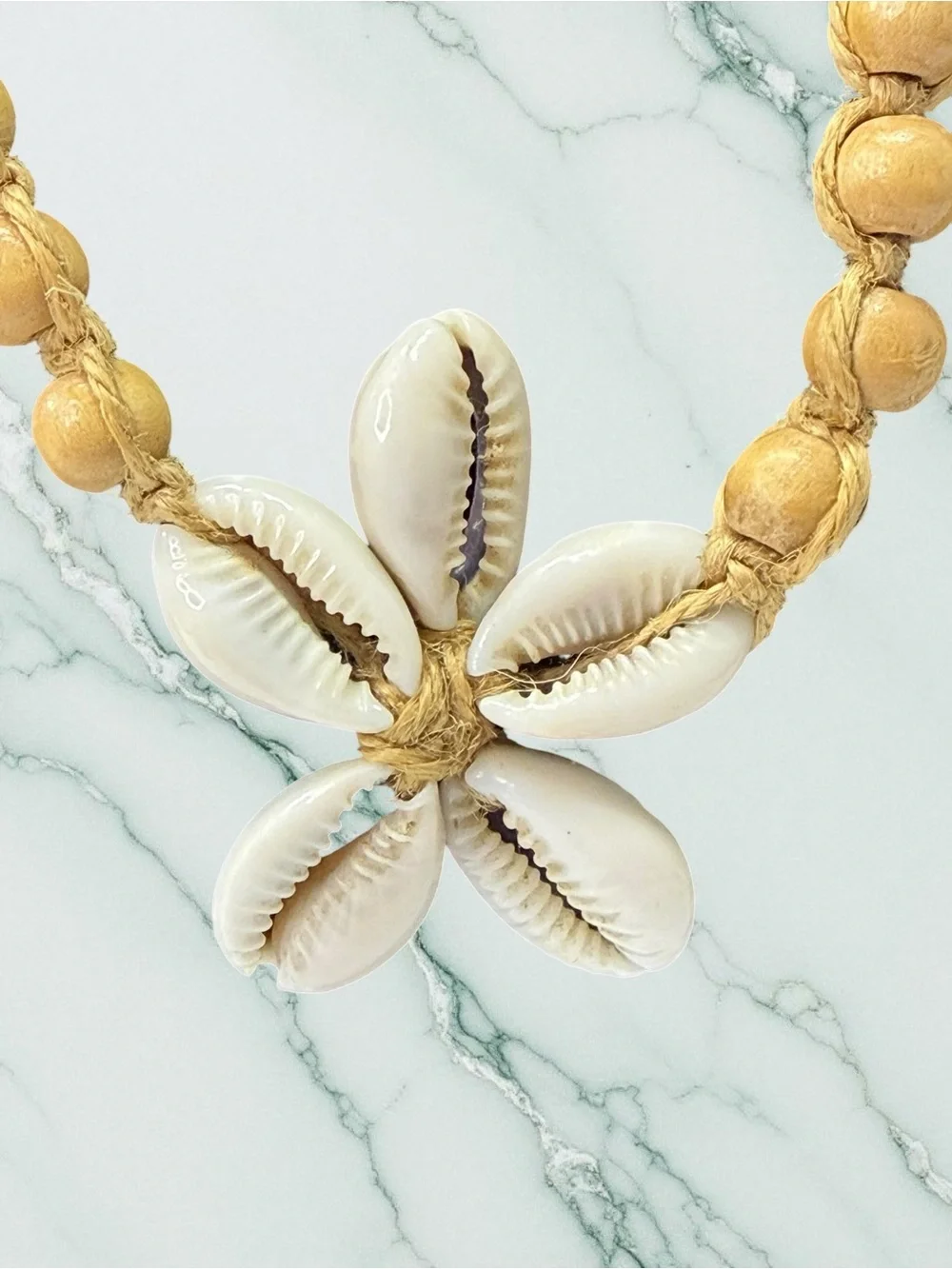 Cowrie Seashell Brown Wood Bead Necklace 18” Star Macrame Beach Boho Caribbean